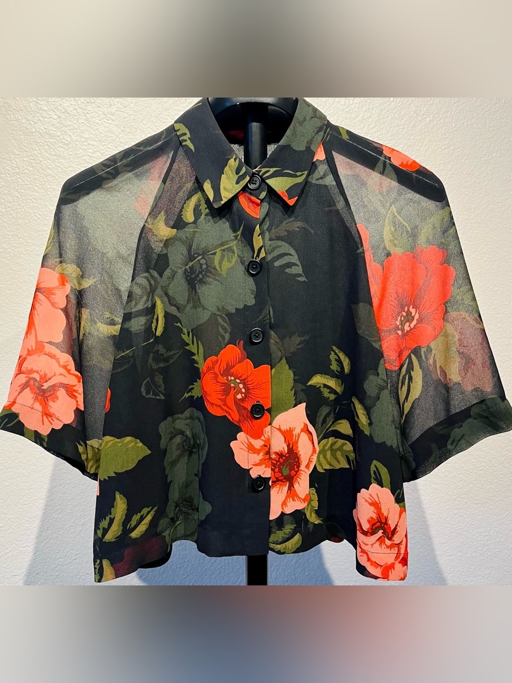 Wilfred Black Sheer Button-Down Top with Red Floral Pattern - Size S (Women’s)